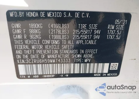 2021 Honda Hr-V Awd Ex из США, поврежденный, VIN 3CZRU6H59MM743333